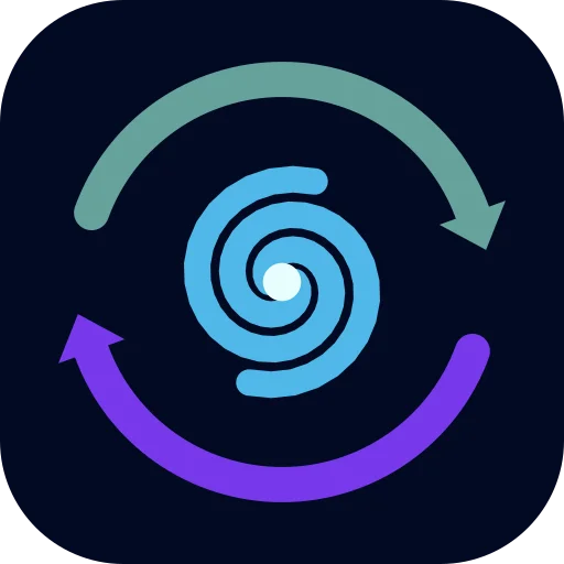 The galactic_dynamics_interoperability logo: a blue two-armed spiral galaxy inside two circular arrows, one teal and one purple, on a dark rounded square.